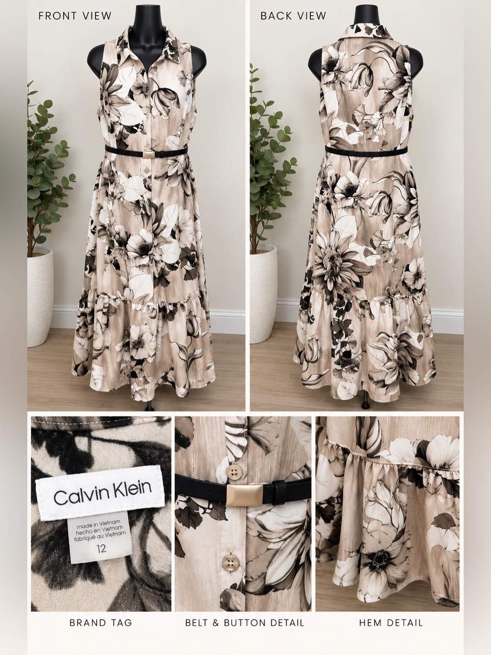 Calvin Klein Beige and Black Floral Sleeveless Dress with Belt